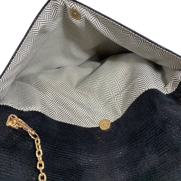 MODA LUXE Shimmery Black Flap Clutch Gold Tone Chain Strap Shoulder Bag - Picture 8 of 9